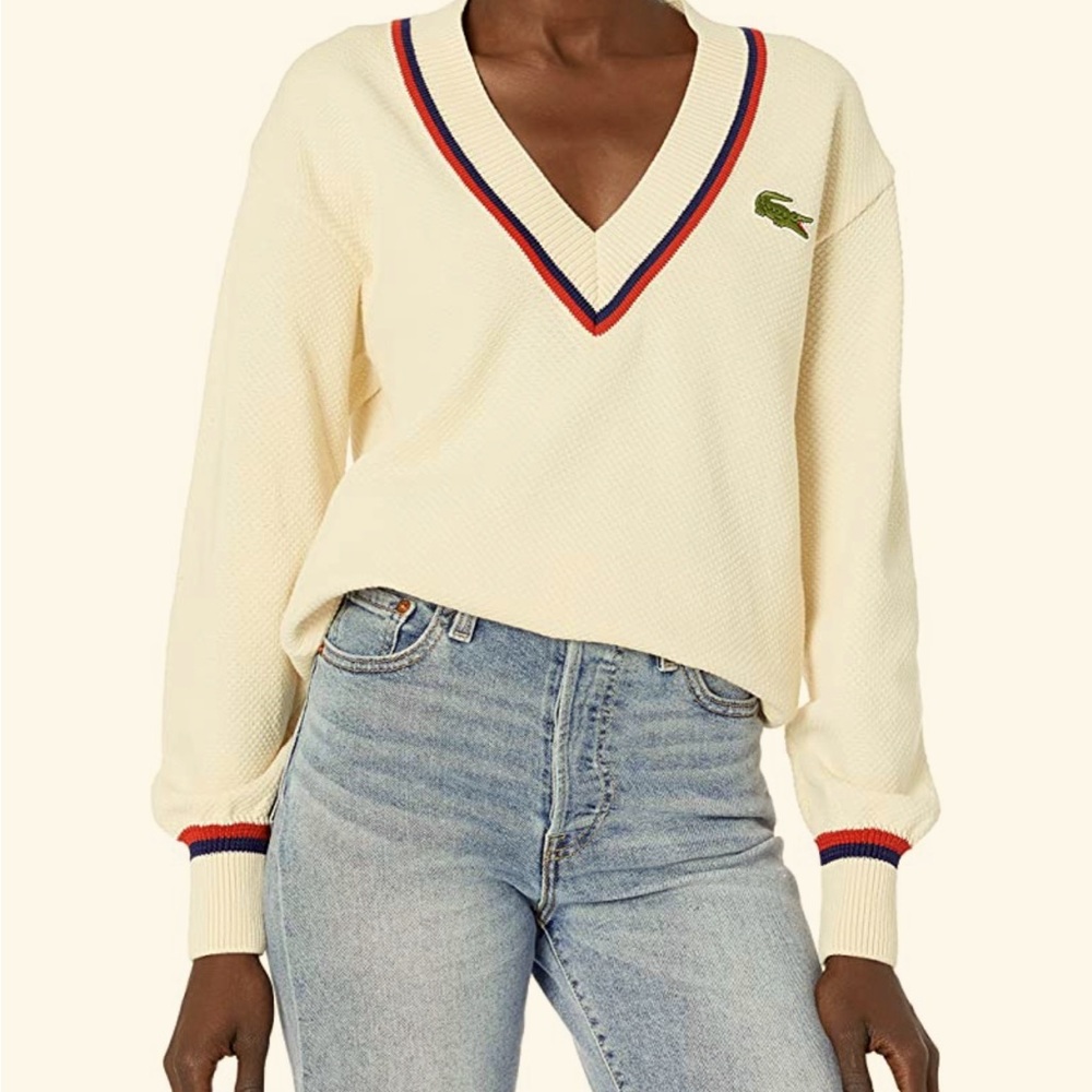 Lacoste Ladies “Made in France” V-neck Honeycomb Sweater Style AF2021